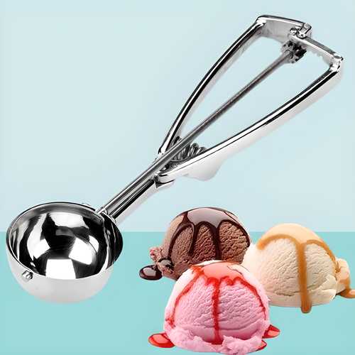 Stainless steel ice cream serving spoon scooper with trigger release and ice cream scoops in various flavors.