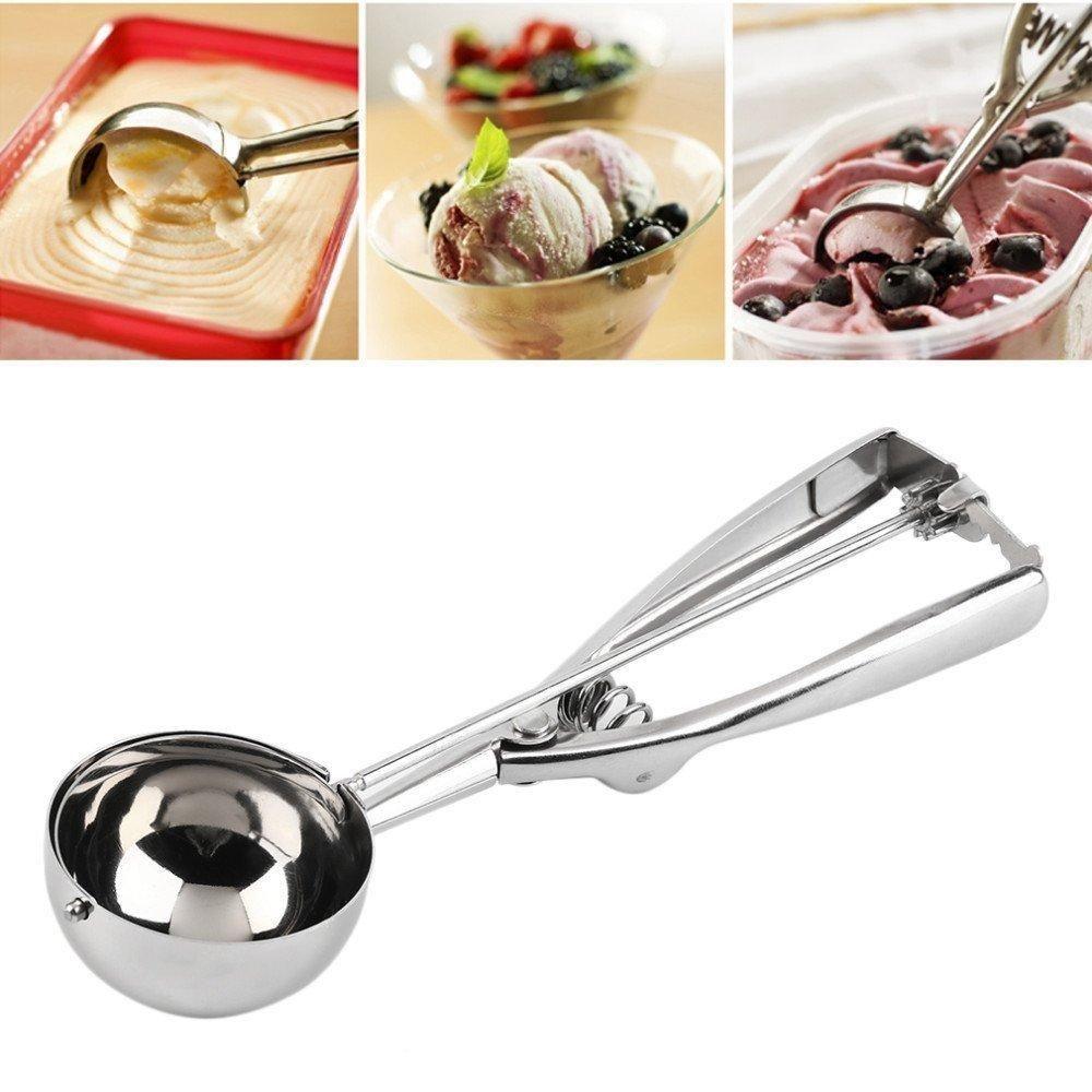 Ice cream serving spoon scooper with trigger release, stainless steel design for effortless scooping and serving.